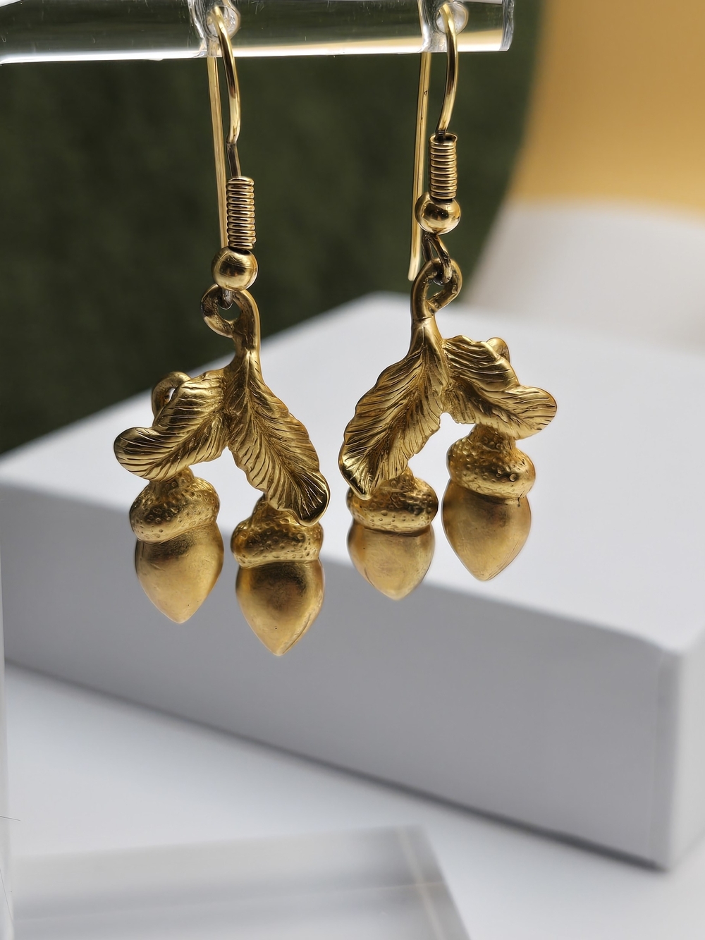 Monet Gold Acorn and Leaf Drop Earrings - Vintage Monet Earrings - Picture 10 of 16